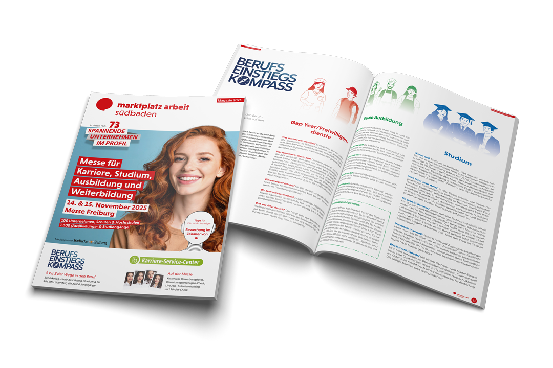 Seiten aus dem Karrieremagazin marktplatz arbeit südbaden, in dem es rund um die Themen Arbeitsmarkt, Karriere, Studium, Ausbildung und Weiterbildung in Freiburg und Südbaden geht.